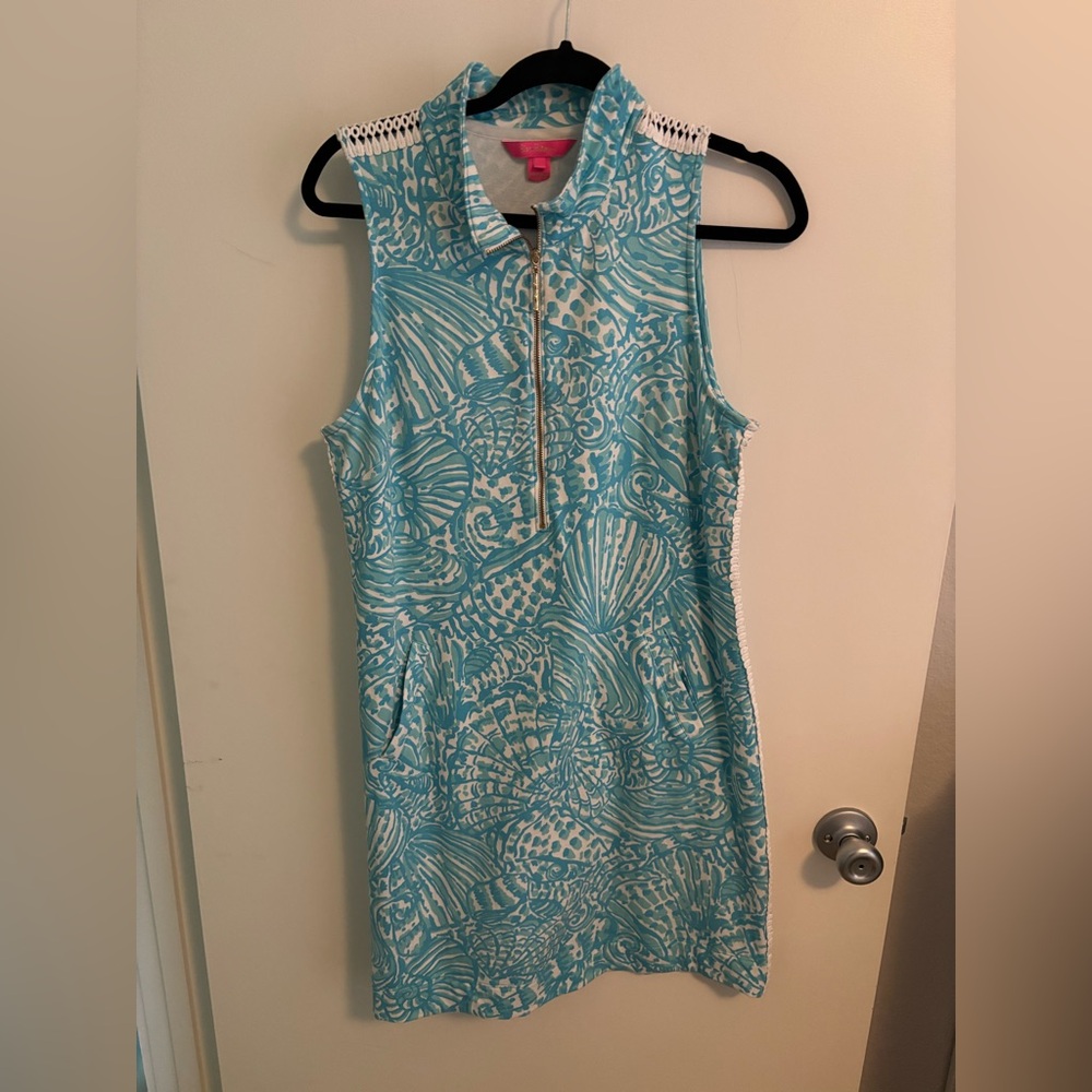 Lilly Pulitzer Aqua and White Sleeveless Zip-Front Shift Dress